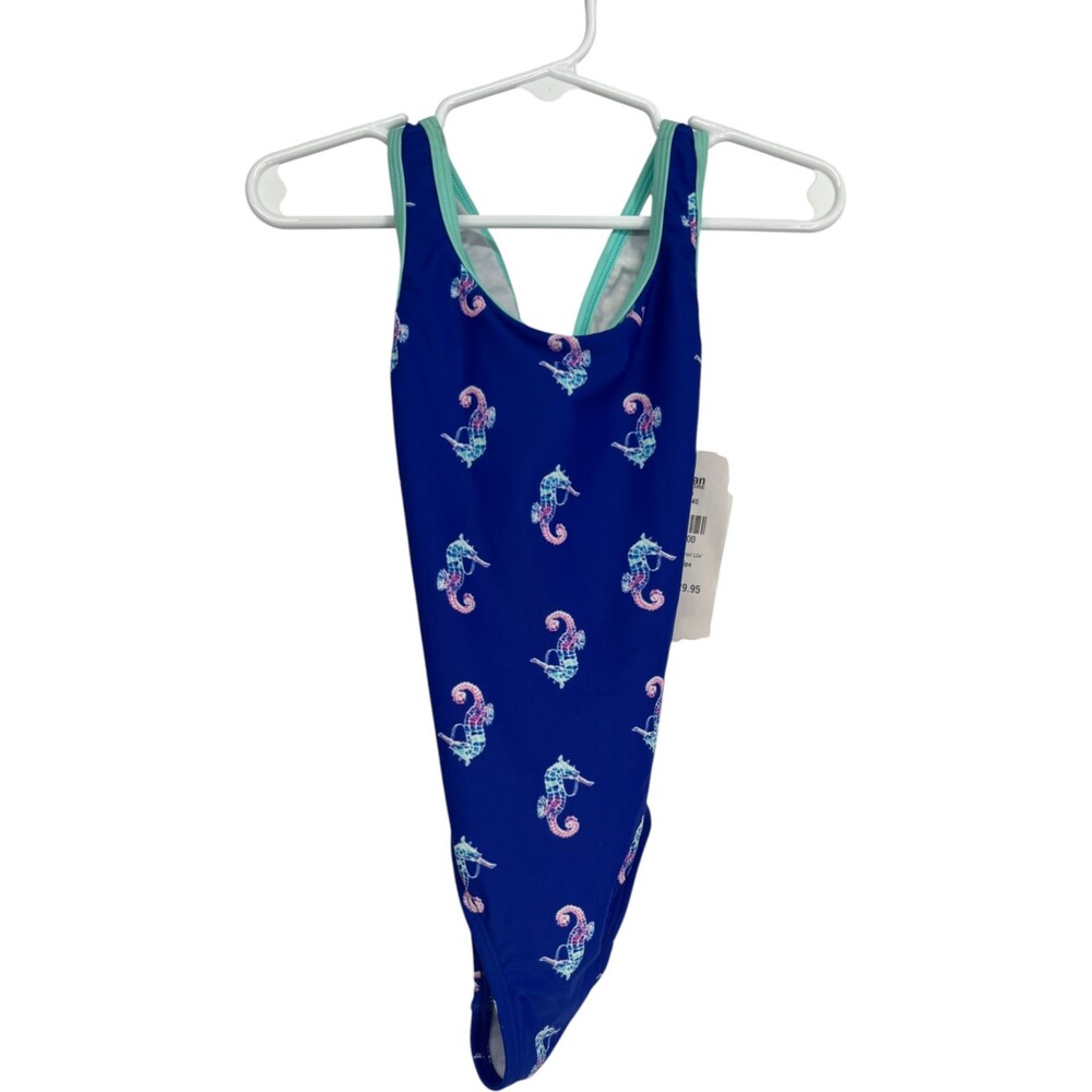 L.L.Bean One-Piece Swimsuit Girls Size 4 Tide Surfer Blue Seahorse Beachcore